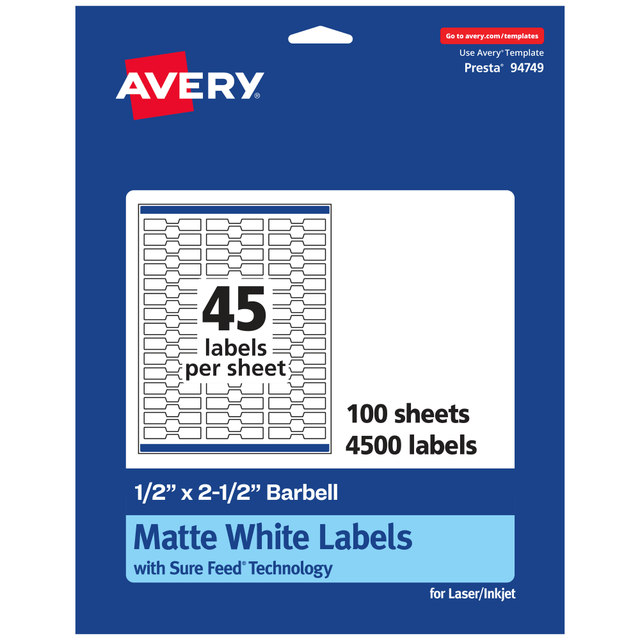 AVERY PRODUCTS CORPORATION 94749-WMP100 Avery Permanent Labels With Sure Feed, 94749-WMP100, Barbell, 1/2in x 2-1/2in, White, Pack Of 4,500 AVERY PRODUCTS CORPORATION 94749-WMP100 Avery Permanent Labels With Sure Feed, 94749-WMP100, Barbell, 1/2in x 2-1/2in, White, Pack Of 4,500