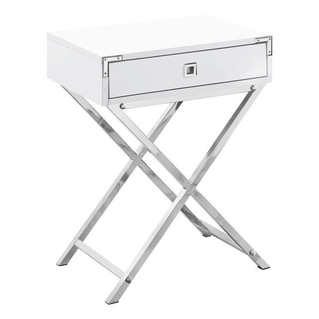 MONARCH PRODUCTS I 3550 Monarch Specialties Leigh Accent Table, 24inH x 18-1/4inW x 12inD, Glossy White/Chrome