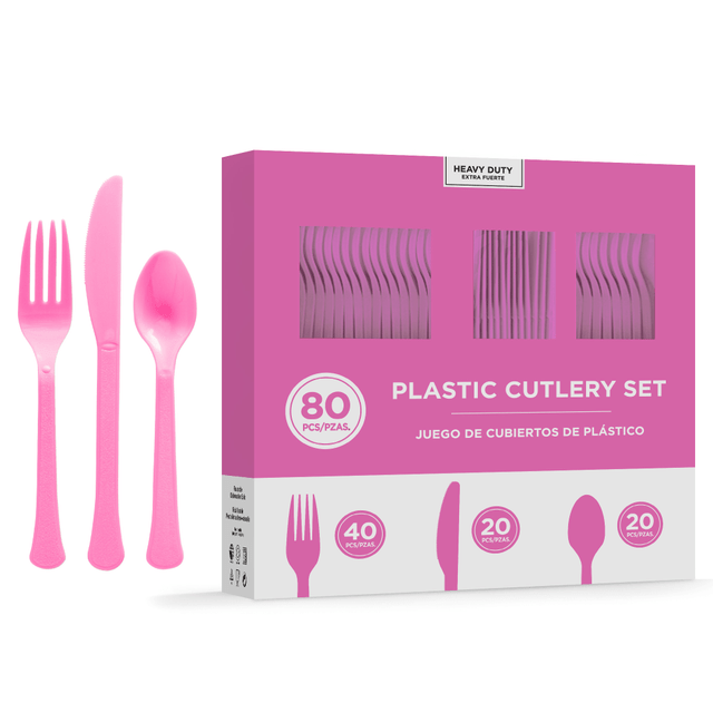 AMSCAN 8016.103  8016 Solid Heavyweight Plastic Cutlery Assortments, Bright Pink, 80 Pieces Per Pack, Set Of 2 Packs