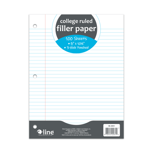 Fill your binder with the C-Line Filler Paper. Every piece of paper has a bright white surface to help you produce crisp, legible writing.  100 sheets per ream helps keep your office stocked.  Bright white surface delivers bold text.  Acid-free paper wonT yellow or fade over time.  Double-sided to let you take more notes.  3-hole punched.  College ruled and lined with margin space for neat writing.