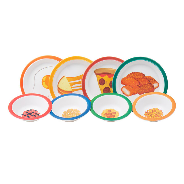 EMS MIND READER LLC Mind Reader KMELPB8-ASST  Kids Bon Appetit 8-Piece Melamine Plate And Bowl Set, 1inH x 8-1/4inL x 8-1/4inL, Assorted Colors