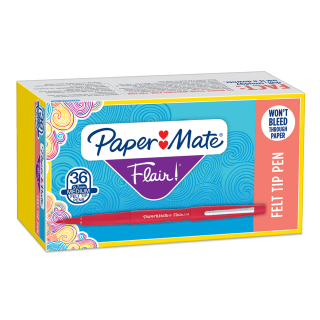 NEWELL BRANDS INC. 1921091 Paper Mate Flair Porous-Point Stick Pens, Medium Point, 0.7 mm, Red Barrel, Red Ink, Pack Of 36 NEWELL BRANDS INC. 1921091 Paper Mate Flair Porous-Point Stick Pens, Medium Point, 0.7 mm, Red Barrel, Red Ink, Pack Of 36