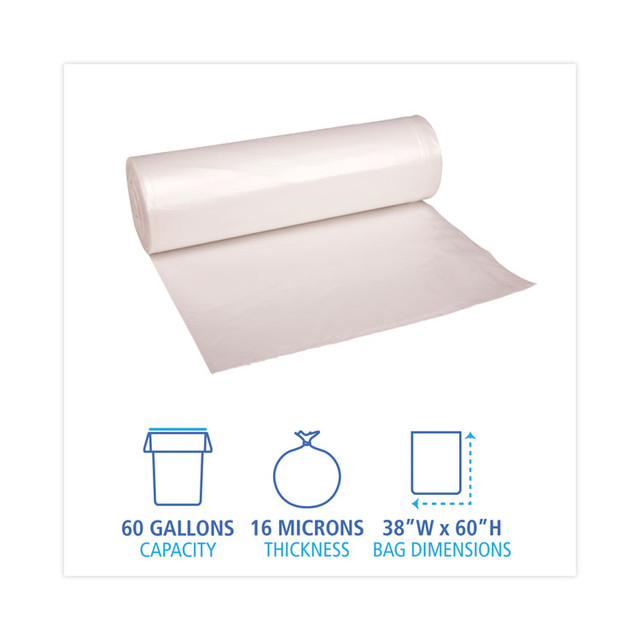 BOARDWALK RH3860S High Density Industrial Can Liners Coreless Rolls, 60 gal, 16 mic, 38 x 60, Natural, 25 Bags/Roll, 8 Rolls/Carton