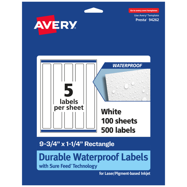 AVERY PRODUCTS CORPORATION 94262-WMF100 Avery Waterproof Permanent Labels With Sure Feed, 94262-WMF100, Rectangle, 9-3/4in x 1-1/4in, White, Pack Of 500 AVERY PRODUCTS CORPORATION 94262-WMF100 Avery Waterproof Permanent Labels With Sure Feed, 94262-WMF100, Rectangle, 9-3/4in x 1-1/4in, White, Pack Of 500