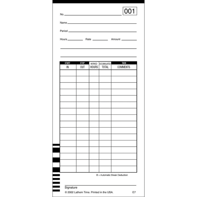 Heavy card stock for crisp, clear registrations and durable performance  Designed to be used effectively with your time-reporting machine.  Equivalent to time clock manufacturers time cards.  Printed on 2 sides to accommodate different reporting periods and payroll-deduction information.