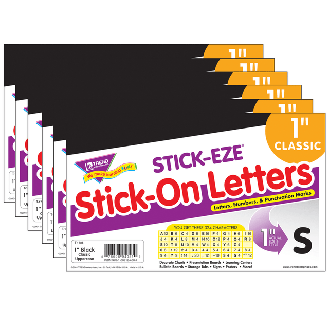 EDUCATORS RESOURCE T-1785-6 TREND STICK-EZE Stick-On Letters, 1in, Black, 324 Pieces Per Pack, Set Of 6 Packs EDUCATORS RESOURCE T-1785-6 TREND STICK-EZE Stick-On Letters, 1in, Black, 324 Pieces Per Pack, Set Of 6 Packs