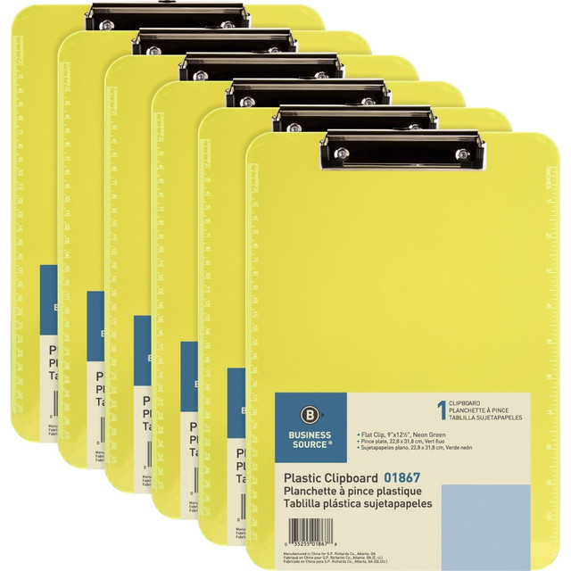 SP RICHARDS 01867BD Business Source Flat Clip Plastic Clipboard - 9in x 12in - Plastic - Neon Green - 6 / Bundle