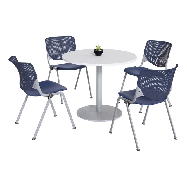 KFI FURNITURE, LLC KFI Studios 811774036665  KOOL Round Pedestal Table With 4 Stacking Chairs, White/Navy