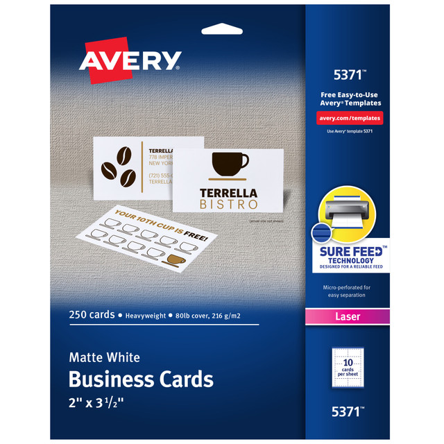 Make the right first impression with Avery Business Cards. Cut from quality cardstock with a weight of 80lbs / 216gsm, these premium cards immediately feel different from everyday card sheets. Whether you need professional quality business cards, customer loyalty cards, appointment reminder cards or more, these 2in x 3.5in cards are an exceptional way to stand out from the crowd. Each 8.5in x 11in sheet of blank cards features exclusive Avery Sure Feed technology to improve print alignment and avoid jamming in your laser printer.  Easily create custom business cards, calling cards, loyalty cards, RSVP cards and more with free templates and designs on the Avery website.  Each sheet of Avery business card paper features proprietary Sure Feed technology to deliver a more reliable feed through your printer, preventing misalignments and jams.  Multiple precise cuts are used to leave behind a smooth border around each business card.  Cut from premium business card stock paper with a weight of 80lbs / 216gsm.  Get crisp, smudge-free printing on both sides of your DIY business cards with sheets optimized for laser printers.  Forest Stewardship Council (FSC) certified - made from wood/paper that comes from forests managed to rigorous environmental and social standards, supported by the worlds leading conservation organizations.  Leadership forestry - from forests or sourcing programs that meet specific environmental standards, helping you support practices that better protect forests and the environment.