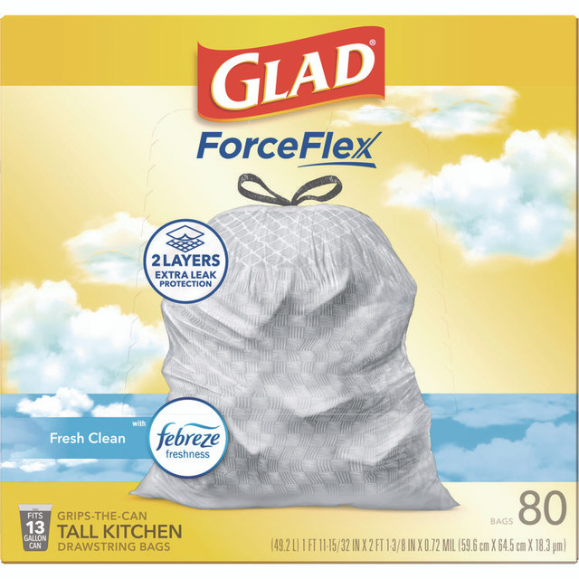 CLOROX SALES CO. Glad® 78899BX ForceFlex Kitchen Drawstring Trash Bags, 13 gal, Fresh Clean Scent, 24" x 27.38", White, 80/Box