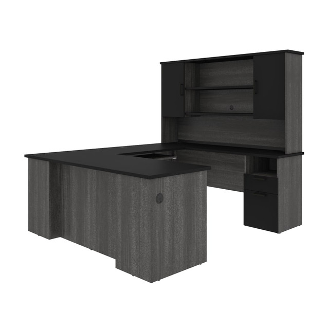 BESTAR INC. 181852-000018 Bestar Norma 71inW U- Or L-Shaped Executive Corner Desk With Hutch, Black/Bark Gray