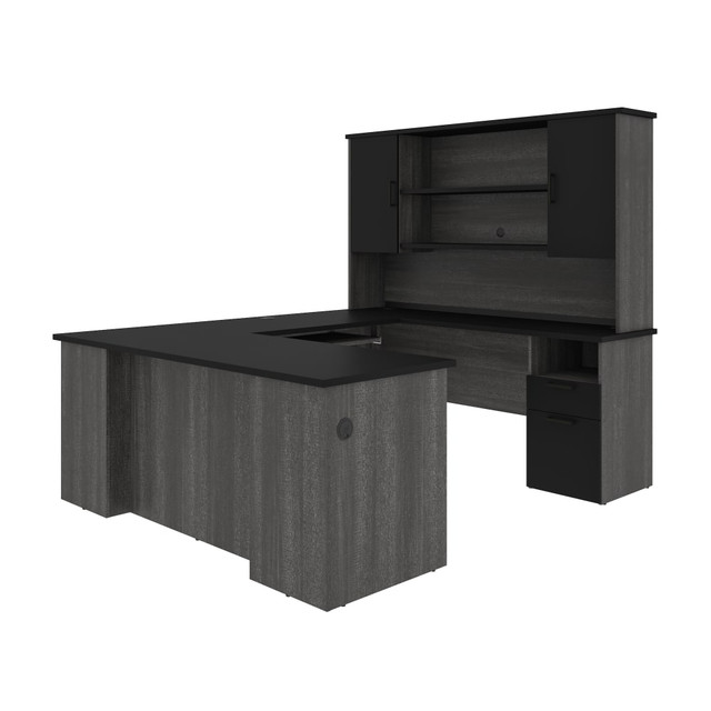 BESTAR INC. Bestar 181852-000018  Norma 71inW U- Or L-Shaped Executive Corner Desk With Hutch, Black/Bark Gray
