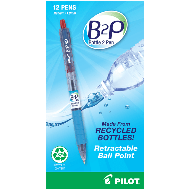 PILOT CORPORATION OF AMERICA 34802 Pilot B2P "Bottle To Pen" Retractable Ballpoint Pens, Medium Point, 1.0 mm, 82% Recycled, Translucent Blue Barrels, Red Ink, Pack Of 12 PILOT CORPORATION OF AMERICA 34802 Pilot B2P "Bottle To Pen" Retractable Ballpoint Pens, Medium Point, 1.0 mm, 82% Recycled, Translucent Blue Barrels, Red Ink, Pack Of 12