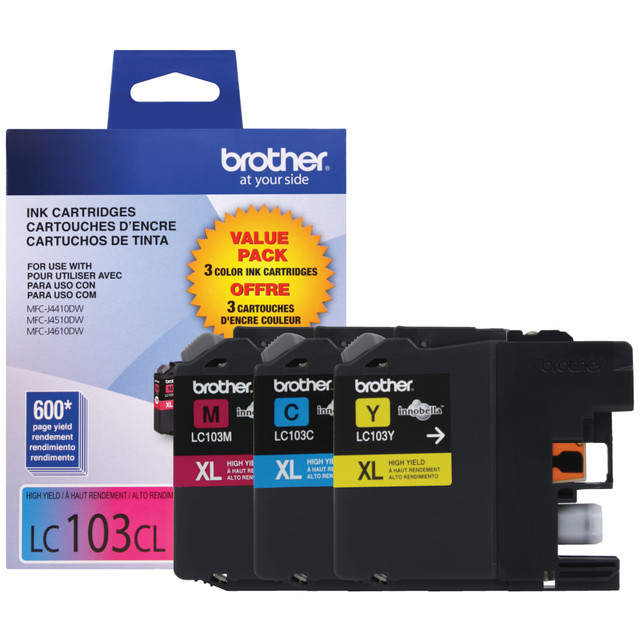 BROTHER INTL CORP LC1033PKS Brother LC103 Cyan, Magenta, Yellow Ink Cartridges, Pack Of 3, LC1033PKS