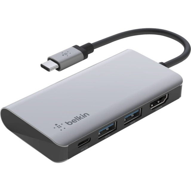BELKIN, INC. AVC006BTSGY Belkin USB-C 4-in-1 Multiport Adapter, Laptop Docking Station, 2x USB-A 3.0, 4k HDMI, 100W Power Delivery - USB Type C - USB Type-C - Wired BELKIN, INC. AVC006BTSGY Belkin USB-C 4-in-1 Multiport Adapter, Laptop Docking Station, 2x USB-A 3.0, 4k HDMI, 100W Power Delivery - USB Type C - USB Type-C - Wired
