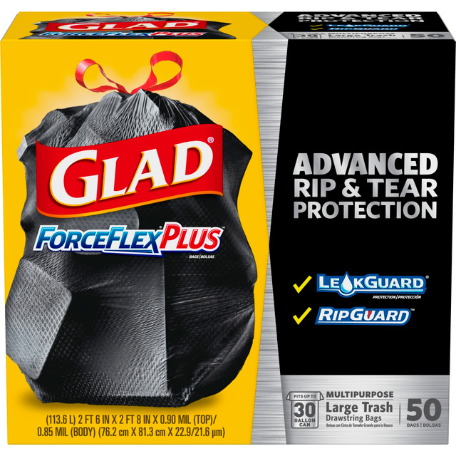 Glad ForceFlexPlus Drawstring Bags are designed with Durable Strength with a reinforced side seam to let you carry the heaviest loads without tearing the bag. The large capacity bags fit a 30 gallon can and stretche around your trash with the ForceFlexPlus technology to prevent rips and tears. Built with advanced rip and tear protection, the LeakGuard Protection and RipGuard Protection can withstand even the toughest and messiest trash, so that what goes in, stays in. The strong reinforcing drawstring closure grips the can and ensures easy closing and lifting with one quick pull. These garbage bags are perfect for tough jobs throughout your home or office, indoor or outdoor. Ideal for use in restaurants, offices and other commercial facilities. Take out the trash with Glad reliability and guaranteed stretchable strength.  30 GALLON BLACK PLASTIC TRASH BAGS: Handle the toughest jobs around the home yard or office with the versatile 30 gallon garbage bag  GARBAGE BAG LINER: This large trash bag liner with LeakGuard and RipGuard Protection can withstand even the toughest and messiest trash making it great for restaurants offices and other commercial facilities  FORCEFLEX STRENGTH: Inner layer designed with ForceFlex technology allows garbage bag to stretch and expand over sharp edges with heavy loads  LEAK & RIP PROTECTION: Outer layer prevents punctures and tears while the other protects from leaks - this large 30 gallon trash bag is ideal for any cleaning job including moving or yard work  GREAT FOR COMMERCIAL USE: Ideal for use in offices, day care centers, schools, hotels, restaurants and other commercial facilities