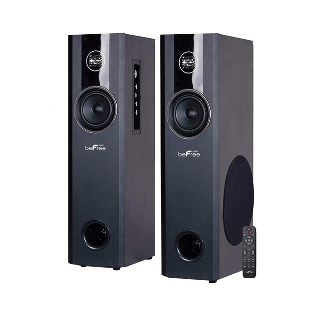 Use these BeFree Sound 2.1-Channel Home Theater Tower Speakers to enjoy robust audio with your entertainment. The speakers are outfitted with 8in, 4in and 1in speakers to deliver optimal sound, while the Bluetooth capability, SD card reader and USB port let you enjoy your playlists on a variety of sources.  Delivers up to 75W total output power for robust and controlled audio.  2 tower speakers with 8in, 4in and 1in speakers work together to create an immersive listening experience.  Bluetooth technology pairs with your compatible device.  Compatible with USB devices and SD cards (sold separately).  FM radio lets you enjoy your favorite stations.  Equipped with optical and coaxial interfaces to connect to your A/V equipment.  Backed by the manufacturers 90-day limited warranty.