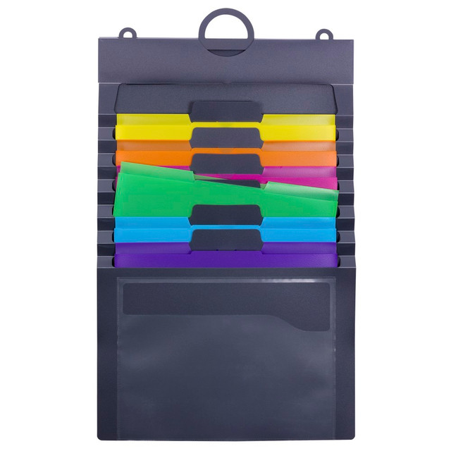 Save space by hanging up this multi-tiered file pocket system  Polypropylene is tear and water resistant and easy to clean.  Includes 6 cascading pockets that can be removed to simplify viewing and accessing documents. Each pocket holds up to 25 sheets of letter-size paper.  Pockets feature bright colors for sorting.  Clear pocket on the front provides extra storage.  Elastic cord closure helps keep contents secure during transport.  Easy to hang level with 3-part hanger  Blank label sheet included for easy organization.  Half-moon shaped tabs hold folders securely in place