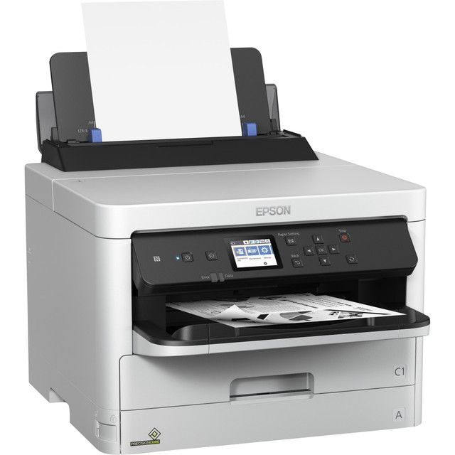 Boost your productivity with this Epson WorkForce Pro mono printer. The combined 830-sheet input capacity lets you print and copy a large volume of work without interruption, and the 2.4-inch color LCD screen ensures easy menu navigation. This Epson WorkForce Pro mono printer supports automatic duplex printing for quick document delivery so you can get on with your day.  USB, Ethernet and Wi-Fi connectivity ensure convenient wireless printing.  Prints 34 pages per minute (ppm) black and 24 pages per minute (ppm) color (ISO).  1200 x 1200 dpi resolution delivers crisp, clear documents.  PrecisionCore printing technology delivers accurate, detailed documents.  Compatible with a range of papers for versatile use.