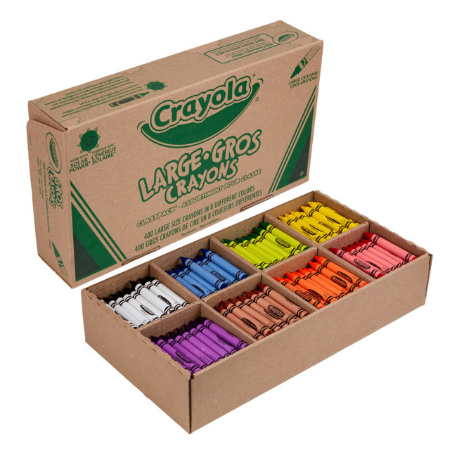 Specially designed to provide bright colors, smooth laydown and easy blending.  Great for the home or classroom.  Contains 50 each of red, blue, yellow, orange, green, purple, brown and black.  Works on paper, cardboard, wood and fabric.  Assorted Crayola Crayons Classpack refill keeps your classroom stocked.  Includes a Crayola Classpack of 400 large crayons.  50 of black, 50 of blue, 50 of brown, 50 of green, 50 of orange, 50 of red, 50 of violet (purple), 50 of yellow  ACMI Certified AP Nontoxic. For detailed information see www.acmiart.org.  Less harsh chemicals - made with fewer harsh chemicals, or safer chemicals than typical alternatives, helping  reduce your use of and exposure to substances that may be more harmful to your health and the environment.