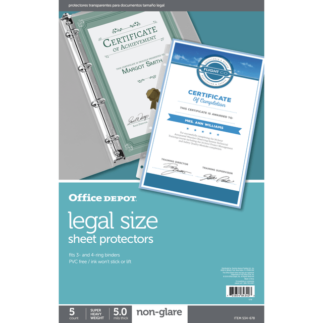 OFFICE DEPOT 534678  Brand Legal Size Sheet Protectors, 8-1/2in x 14in, Non-Glare, Box Of 5