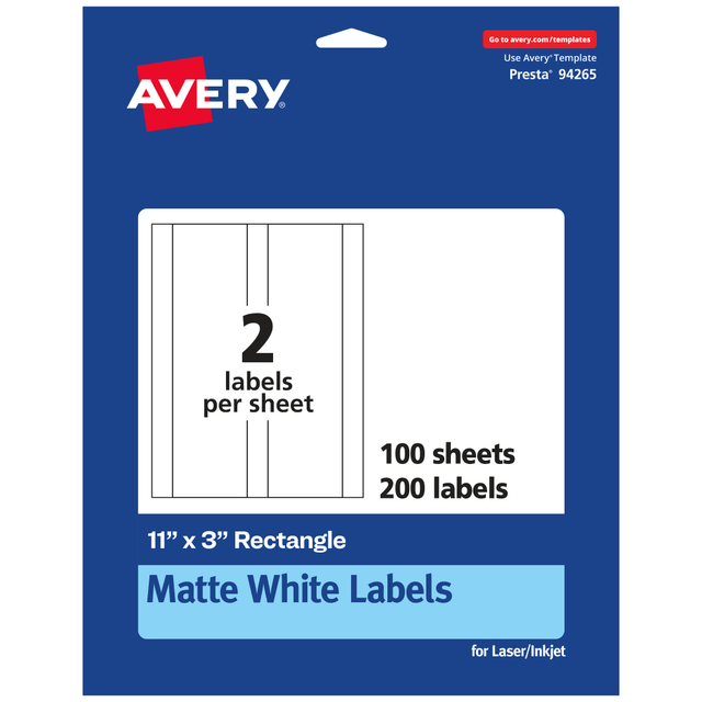 AVERY PRODUCTS CORPORATION 94265-WMP100 Avery Permanent Labels, 94265-WMP100, Rectangle, 11in x 3in, White, Pack Of 200 AVERY PRODUCTS CORPORATION 94265-WMP100 Avery Permanent Labels, 94265-WMP100, Rectangle, 11in x 3in, White, Pack Of 200