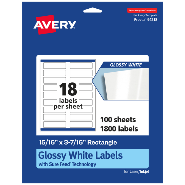 AVERY PRODUCTS CORPORATION 94218-WGP100 Avery Glossy Permanent Labels With Sure Feed, 94218-WGP100, Rectangle, 15/16in x 3-7/16in, White, Pack Of 1,800