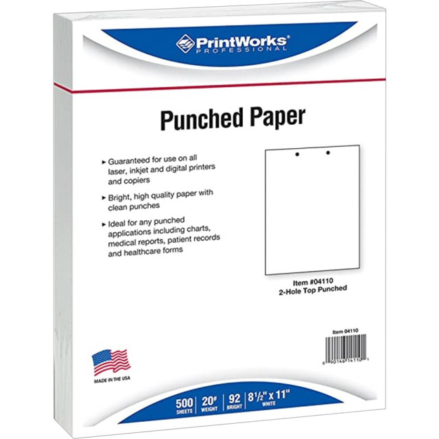 PARIS BUSINESS PRODUCTS 04110P Paris Printworks Professional 2-Hole Top Punched Inkjet Or Laser Paper, White, Letter Size (8-1/2in x 11in), 500 Sheets Per Ream, Case Of 5 Reams, 20 Lb, 92 Brightness