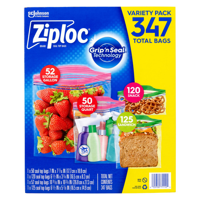 Make packing lunches a breeze with the Ziploc Storage Bag Variety Pack. A variety of sizes lets you bag up chips, sandwiches, veggies and sweets with confidence.  Includes 1-gallon, 1-quart and snack bags.  Made from durable plastic.  Tight closure helps keep air out while retaining freshness.  Easy-open tabs.