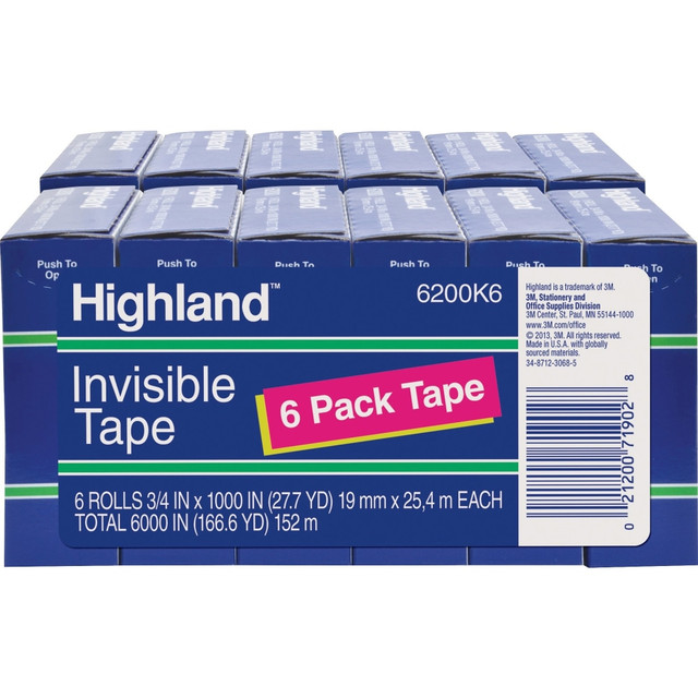 3M CO Highland 6200341000BD  3/4inW Matte-finish Invisible Tape - 27.78 yd Length x 0.75in Width - 1in Core - 12 / Bundle - Matte Clear