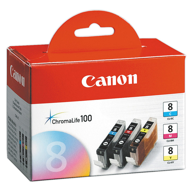 CANON USA, INC. 0621B016 Canon CLI-8 ChromaLife 100 Cyan, Magenta, Yellow Ink Tanks, Pack Of 3, 0621B016