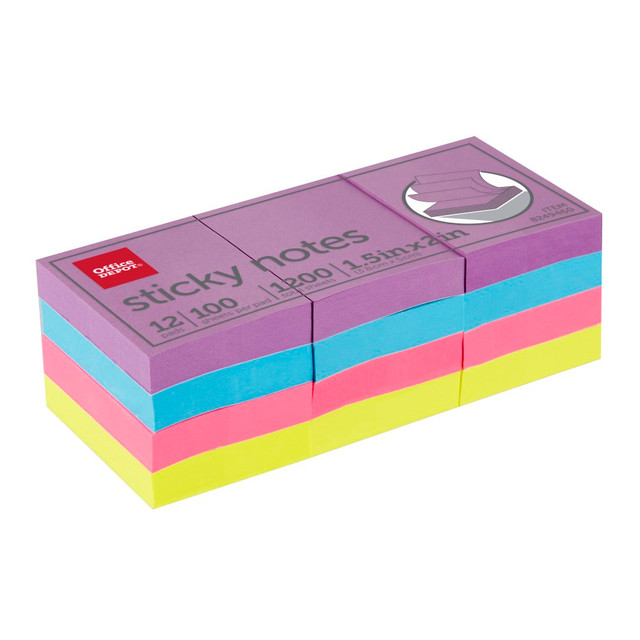 OFFICE DEPOT 21532-DEEP  Brand Sticky Notes, 1-1/2in x 2in, Assorted Vivid Colors, 100 Sheets Per Pad, Pack Of 12 Pads