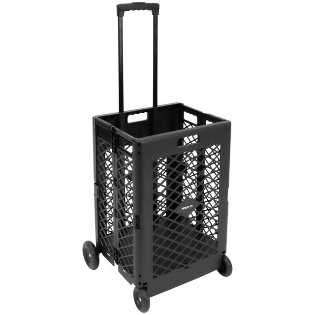 Make transporting goods fast and easy with the Mount-It! Mesh Rolling Utility Cart. Ideal for books, office supplies and even groceries, this hand truck maneuvers smoothly and can be folded flat when you are finished for storage almost anywhere.  Crafted with a tough polypropylene case and rust-resistant aluminum handle.  Durable 3in rubber wheels roll smoothly and quietly over most surfaces.  Telescoping handle with a contoured grip reaches up to 39in high.  Crate offers 2.4 cu. ft. of cargo space.  Supports up to 55 lb.  Folds down to 6in high for space-saving storage.  Ships partially assembled.