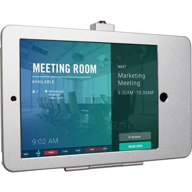 Charge cable management system, with interior wrapping posts and rubber-protected rear cutout  Compatible with headphone jack credit card readers  Optional metal home button cover  Mounts nearly flush to wall with included hardware  Hinged faceplate locks in place with key  Interior cushioning protects tablet from scratches  Compatible with iPad (2017), iPad Air, and iPad Pro 9.7;  Enclosure allows full access to ports, home and volume buttons, and front camera