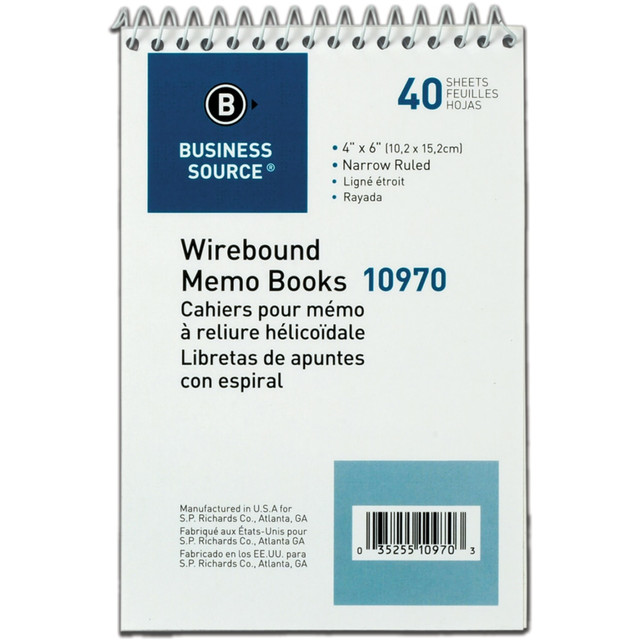 SP RICHARDS 10970 Business Source Wirebound Memo Books - 40 Sheet(s) - Wire Bound - 4in x 6in Sheet Size - White - White Sheet(s) - 1 Dozen