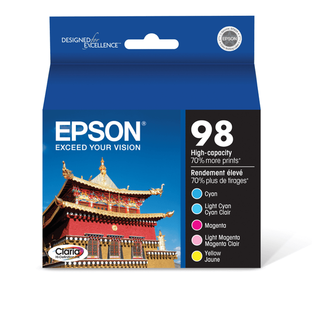 EPSON AMERICA INC. Epson T098920-S  98 Claria Cyan, Light Cyan, Magenta, Light Magenta, Yellow High-Yield Ink Cartridges, Pack Of 5, T098920