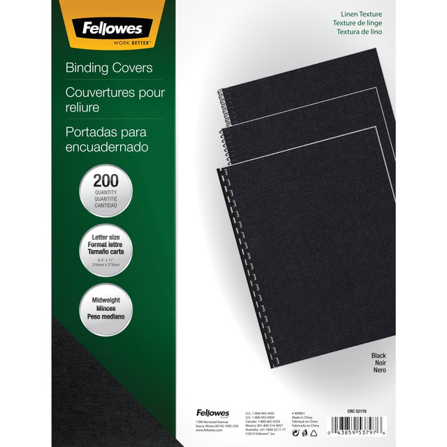 FELLOWES INC. Fellowes 5217001  ExpressionsLinen Presentation Covers, 8 1/2in x 11in x 0.1in, Black, Pack Of 200