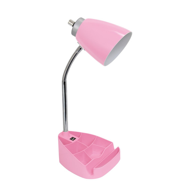 ALL THE RAGES INC LimeLights LD1056-PNK  Gooseneck Organizer Desk Lamp With Tablet Stand And USB Port, Adjustable Height, 18-1/2inH, Pink Shade/Pink Base