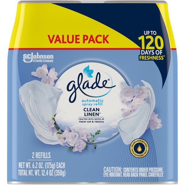 Glade spray refills enhance your rooms with a pleasant, comforting scent. The long-lasting design helps to ensure fresher rooms for up to 60 days when turned to the 36-minute setting to deliver more cost-effective performance.  Perfect for high-traffic bathrooms, kitchens, lobbies and more.  Designed for Glad automatic spray units (sold separately)  Clean Linen scent enhances rooms with cozy feeling of clean comfort.  Spray with Clean Linen scent (60 day) comes in a 2-pack and offers a long-lasting design.  Automatic spray refill value pack includes 12.4 fl oz each.