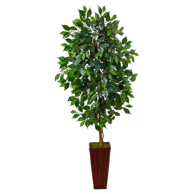 NEARLY NATURAL INC. T2568 Nearly Natural Ficus 60inH Artificial Plant With Bamboo Planter, 60inH x 21inW x 19inD, Green/Brown