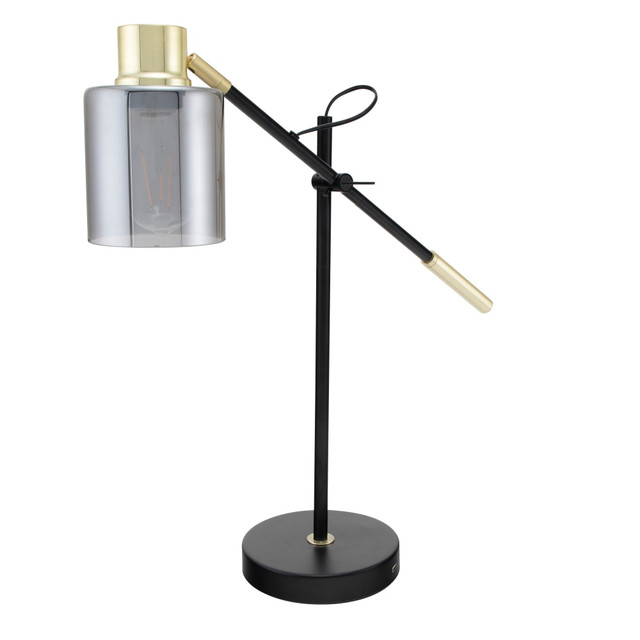 This modern  task lamp features all metal construction and a smokey gray glass shade. The lamps arm can be unscrewed and tilted, allowing you to place the light exactly where its needed. A safety locking pin secures the lamp structure to the base to prevent unintended lifting during use. The LED decorative bulb provides 4 watts of bright and beautiful illumination and has an average rated life of 10,000-hours to provide years of daily service. Lamp stands 23 inches tall in the standard user position, and the base features a 2.1A USB charging port to charge portable electronic devices with ease. This lamp is ETL listed and includes a 1-year manufacturers limited warranty.  Organize, charge, and light your workspace with this modern desk lamp  Fully adjustable tilt arm and shade direct light where its needed  Charge portable electronic devices with built-in USB port  Safety locking pin secures the lamp structure to the weighted base to prevent lamp moving during use  Smokey gray shade and a black base for sleek style.