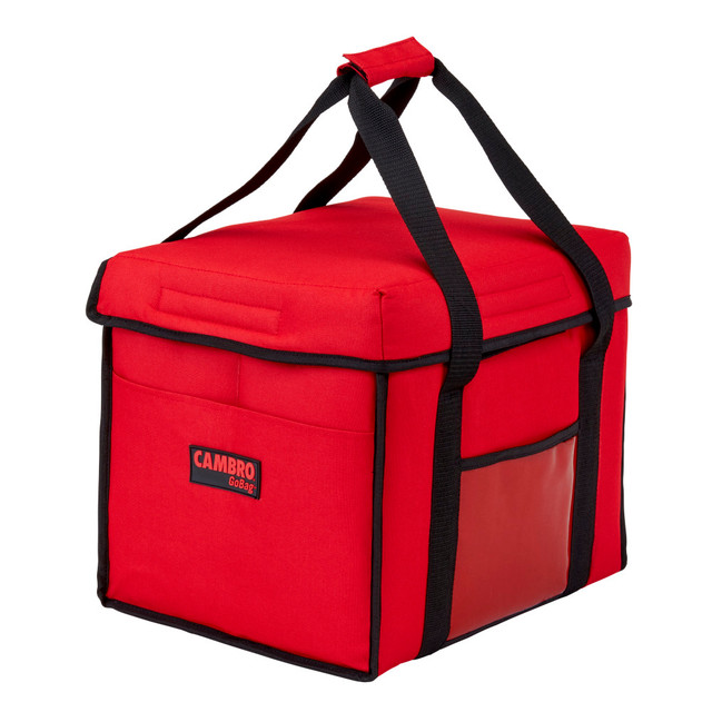 Carry food to guests in their cars or in their homes with ease using Cambro Delivery GoBags. Dense insulation keeps cold foods cold and hot foods hot until it reaches the customer.  Made from breathable nylon for moisture control.  Packed with dense insulation for hot or cold foods.  PVC vinyl lining is machine washable and stain-resistant.  Sewn-in nylon straps offer an easy carry.  Clear ticket pouch lets you know the contents.  Includes 4 bags.