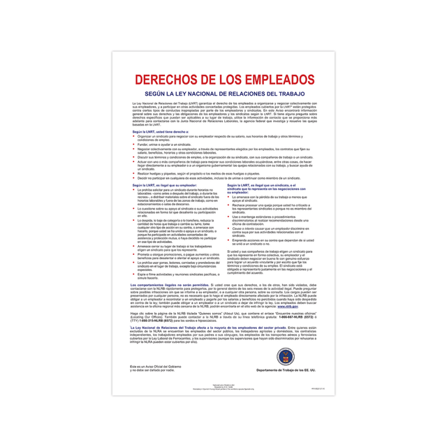 TAX FORMS PRINTING, INC. E2212 ComplyRight Federal Contractor Posters, National Labor Relations Act, Spanish, 11in x 17in TAX FORMS PRINTING, INC. E2212 ComplyRight Federal Contractor Posters, National Labor Relations Act, Spanish, 11in x 17in