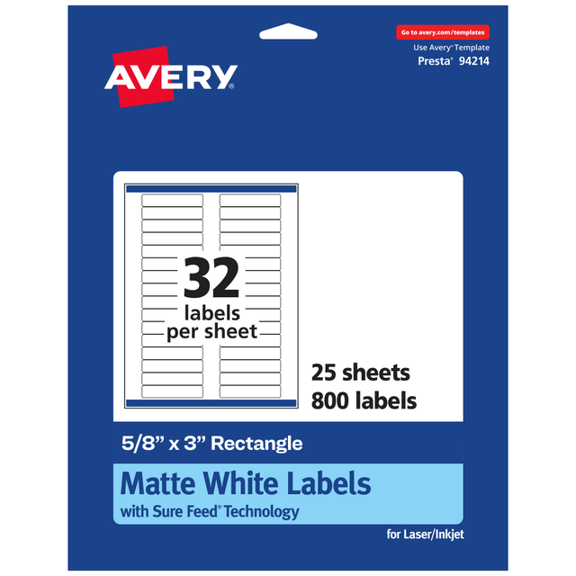 AVERY PRODUCTS CORPORATION 94214-WMP25 Avery Permanent Labels With Sure Feed, 94214-WMP25, Rectangle, 5/8in x 3in, White, Pack Of 800 AVERY PRODUCTS CORPORATION 94214-WMP25 Avery Permanent Labels With Sure Feed, 94214-WMP25, Rectangle, 5/8in x 3in, White, Pack Of 800