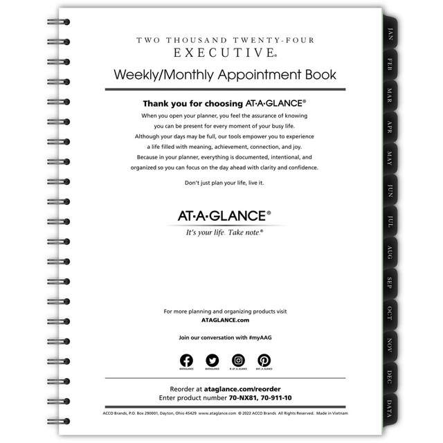 ACCO BRANDS USA, LLC 709111024 2024 AT-A-GLANCE Executive Weekly/Monthly Refill For 70-NX81, 8-1/4in x 11in, January To December 2024, 7091110