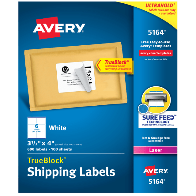 AVERY PRODUCTS CORPORATION 5164 Avery TrueBlock Shipping Labels With Sure Feed Technology, 5164, Rectangle, 3 1/3in x 4in, White, Pack Of 600