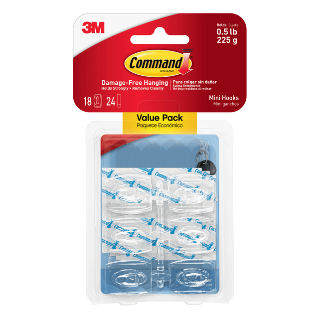 3M CO 17006CLR-18ES Command Mini Wall Hooks, 18 Command Hooks, 24 Command Strips, Damage Free Hanging of Dorm Room Decorations, Clear 3M CO 17006CLR-18ES Command Mini Wall Hooks, 18 Command Hooks, 24 Command Strips, Damage Free Hanging of Dorm Room Decorations, Clear