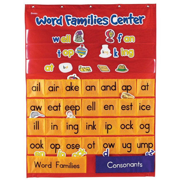 Brightly colored images make it easy to teach young children about rhyming sounds  Set includes a pocket chart, 214 coated, die-cut cards and a teachers guide. Cards include picture, word family, consonant and blank cards.  Colorful images help make it easy to learn word families and rhyming. Kids match picture cards with letter cards and do word sorts that help make learning fun.  Chart is made of tough nylon with 3 clear pocket rows that provide an easy view of cards.  Measures 28in x 37 1/2in.  Designed for students in grade 1 to grade 3.