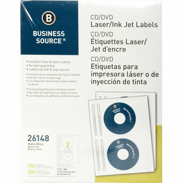 SP RICHARDS 26148 Business Source CD/DVD Labels - - Height4 5/8in Diameter - Permanent Adhesive - Circle - Inkjet, Laser - White - 100 / Pack - Lignin-free, Smudge Resistant