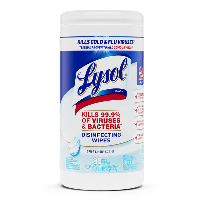 RECKITT BENCKISER 19200-89346 Lysol Disinfecting Wipes, Crisp Linen Scent, 8in x 8in, Canister Of 80